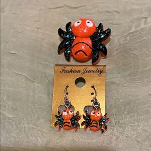 Orange and Black Spider Kids Jewelry Set of earrings & brooch
